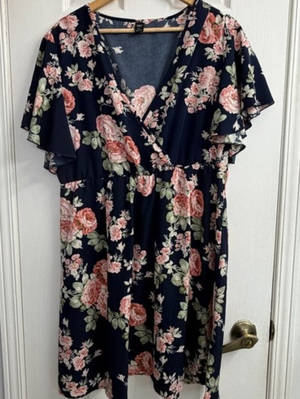 SHEIN Curve Navy Floral Wrap Midi Dress Womens 2XL Pink Rose Flutter Sleeve Boho
